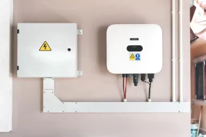 Montierter PV-Wechselrichter mit angeschlossenem Sicherungskasten und sauber verlegter Elektroinstallation an einer Innenwand, als Bestandteil einer Photovoltaikanlage.