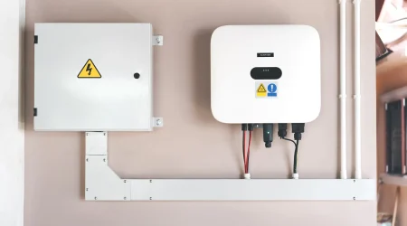 Montierter PV-Wechselrichter mit angeschlossenem Sicherungskasten und sauber verlegter Elektroinstallation an einer Innenwand, als Bestandteil einer Photovoltaikanlage.