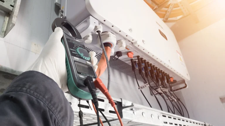 Solarteur misst mit einem Multimeter die elektrischen Werte beim Anschluss eines Wechselrichters an einer Photovoltaikanlage.