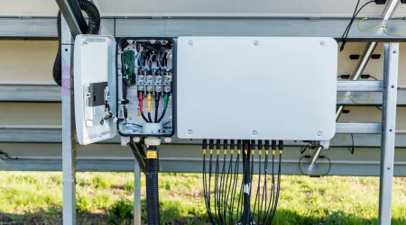 Geöffneter Wechselrichter einer Photovoltaikanlage unter Solarmodulen mit sichtbarer Verkabelung und Anschlussklemmen.