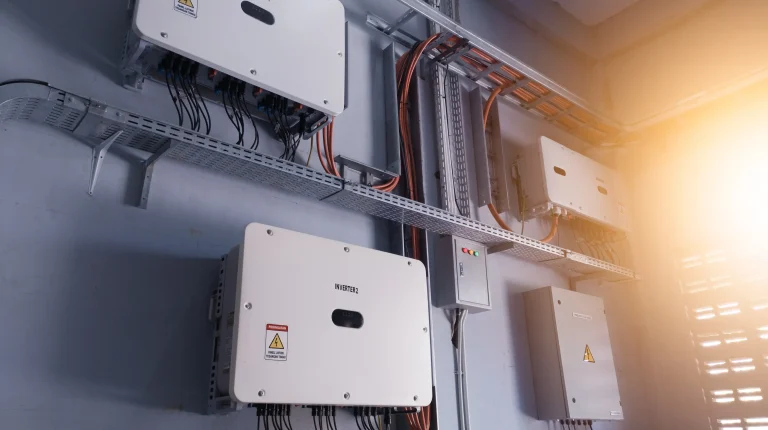 Mehrere Photovoltaik Wechselrichter sind an einer Innenwand montiert. Sichtbar sind Kabeltrassen, elektrische Leitungen und Verteilerschränke. Die Installation zeigt die technische Infrastruktur einer Photovoltaikanlage im Innenbereich zur Umwandlung von Gleichstrom in nutzbaren Wechselstrom.