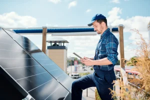 Ein Solarteur in blauer Arbeitskleidung steht mit einem Tablet vor einer installierten Photovoltaikanlage auf einem Flachdach und betrachtet die Monokristallin-Module.