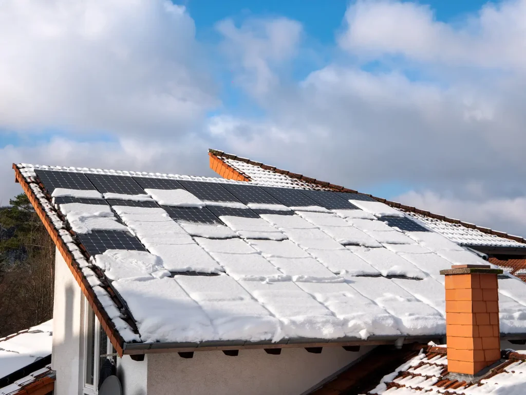 Photovoltaikanlage auf einem Hausdach im Winter, deren Solarmodule teilweise mit einer dicken Schneeschicht bedeckt sind.